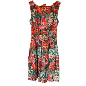 Talbots Floral Fit & Flair Sleeveless Midi Dress, Orange and Green, Size 8P